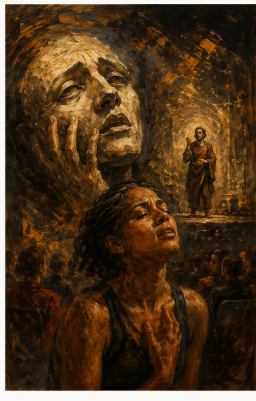 Composición artística inspirada en la raíz de Sófocles y la relación del arte con los conflictos humanos