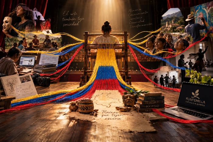 Representación simbólica de Raíces que Tejen Escena: arte, territorio, comunidad, memoria y transformación unidos a través del tejido social.